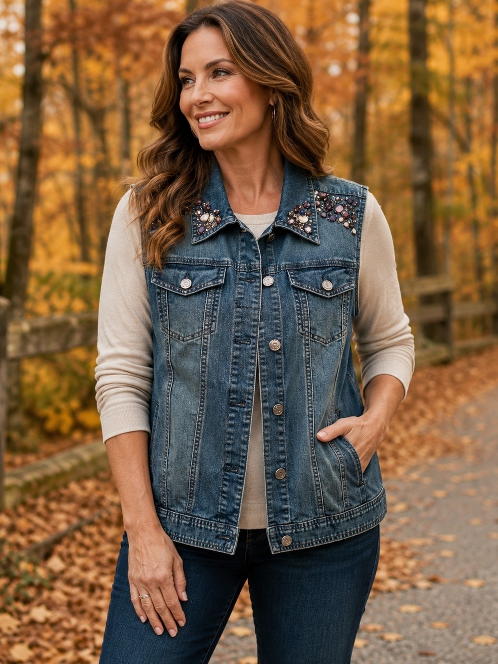 Chico's Embellished Denim Vest in Blue Lg